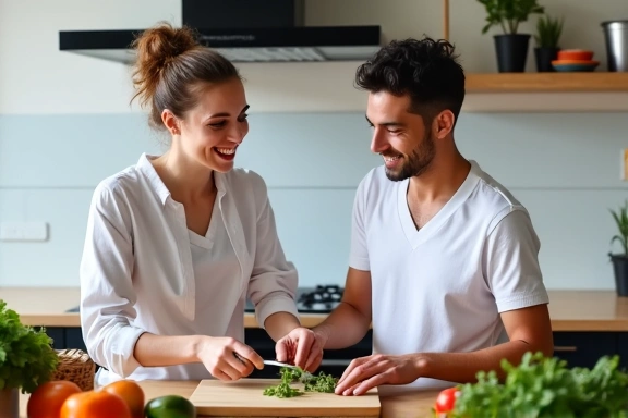Nutriční specialistka s klientem v kuchyni, připravují zdravé jídlo.