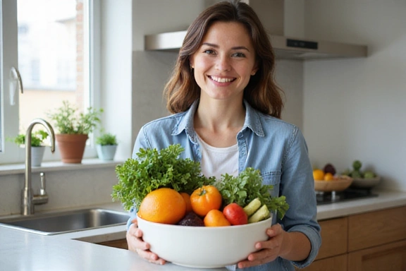 Žena s úsměvem drží misku s čerstvým ovocem a zeleninou, symbolizující zdravou dietu pro zlepšení zdraví.